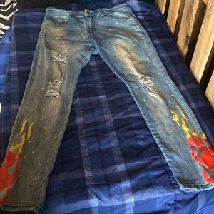 Distressed and painted flames, spatter jeans, size 34 x 32